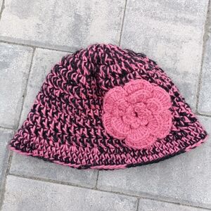 Pink and Black Crochet Beanie with Flower